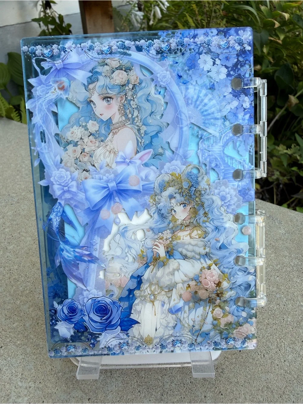 Acrylic Shaker notebook Decorative Blue Fantasy Notebook with Illustrated Cover